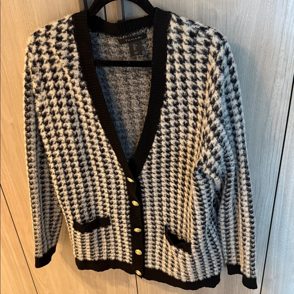 Tahari Black and White Houndstooth Cardigan